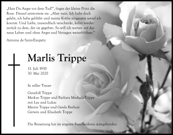 Anzeige von Marlis Trippe von Kölner Stadt-Anzeiger / Kölnische Rundschau / Express