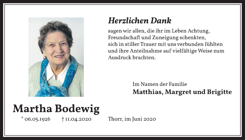  Traueranzeige für Martha Bodewig vom 26.06.2020 aus  Werbepost 