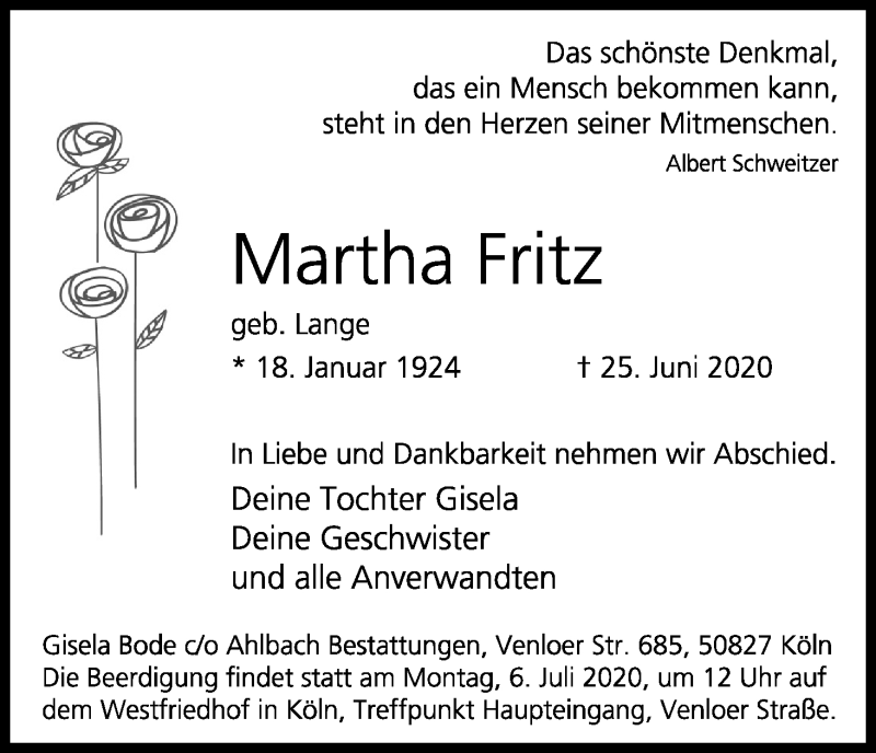 Traueranzeige für Martha Fritz vom 01.07.2020 aus Kölner Stadt-Anzeiger / Kölnische Rundschau / Express