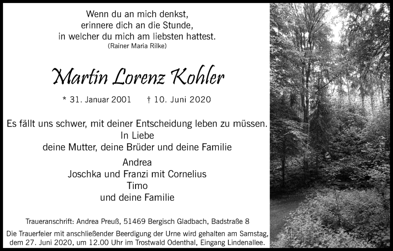  Traueranzeige für Martin Lorenz Kohler vom 20.06.2020 aus Kölner Stadt-Anzeiger / Kölnische Rundschau / Express