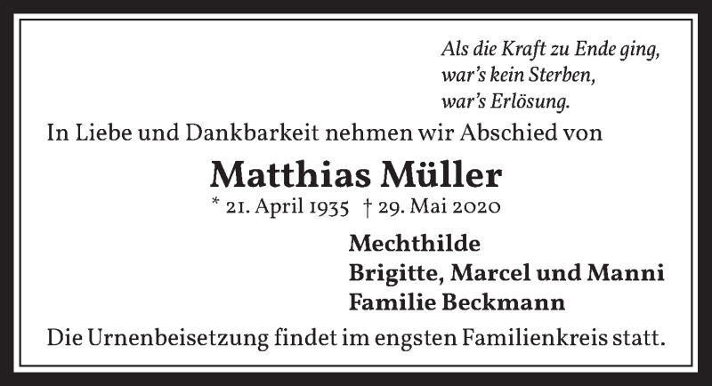  Traueranzeige für Matthias Müller vom 12.06.2020 aus  Werbepost 