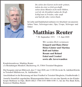 Anzeige von Matthias Reuter von Kölner Stadt-Anzeiger / Kölnische Rundschau / Express