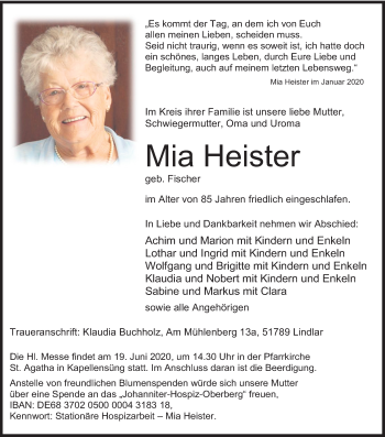 Anzeige von Mia Heister von Kölner Stadt-Anzeiger / Kölnische Rundschau / Express