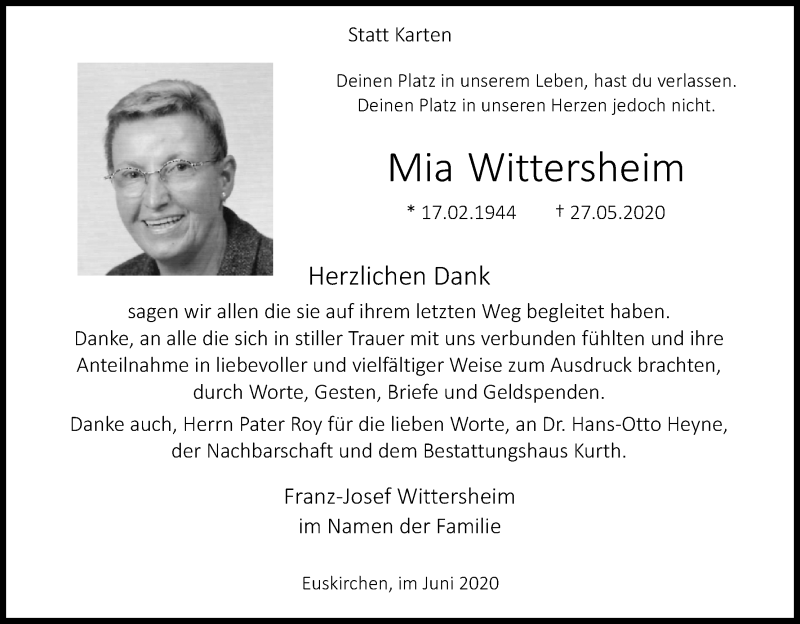  Traueranzeige für Mia Wittersheim vom 27.06.2020 aus Kölner Stadt-Anzeiger / Kölnische Rundschau / Express