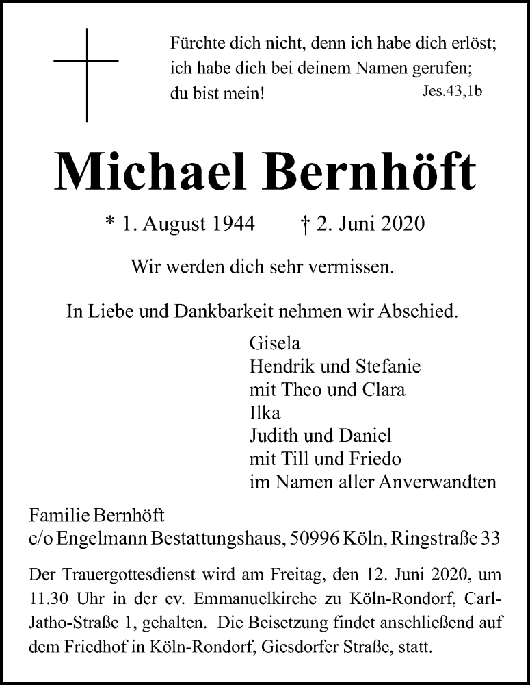  Traueranzeige für Michael Bernhöft vom 06.06.2020 aus Kölner Stadt-Anzeiger / Kölnische Rundschau / Express