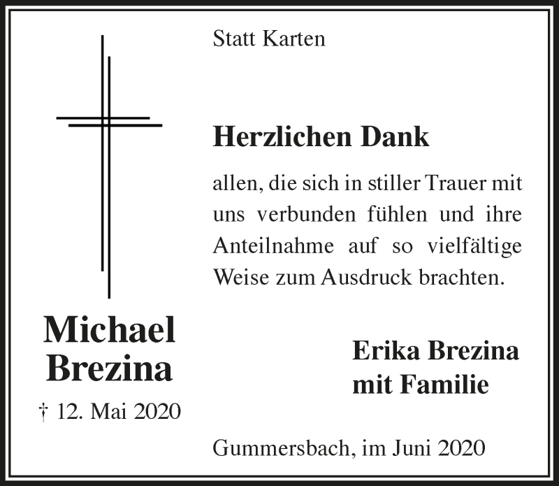  Traueranzeige für Michael Brezina vom 26.06.2020 aus  Anzeigen Echo 
