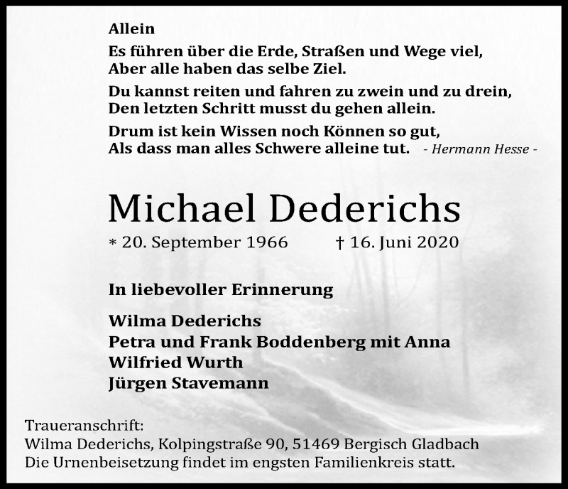  Traueranzeige für Michael Dederichs vom 27.06.2020 aus Kölner Stadt-Anzeiger / Kölnische Rundschau / Express