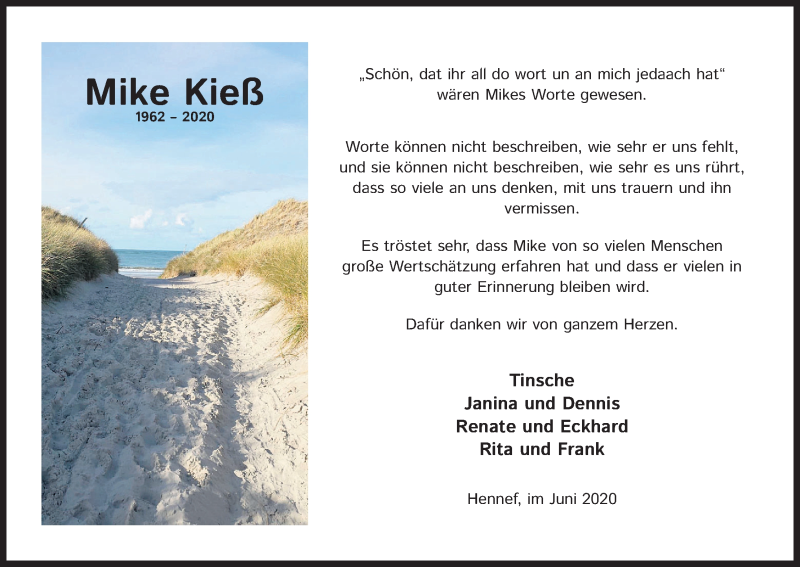 Traueranzeige für Mike Kieß vom 20.06.2020 aus Kölner Stadt-Anzeiger / Kölnische Rundschau / Express