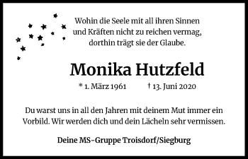 Anzeige von Monika Hutzfeld von Kölner Stadt-Anzeiger / Kölnische Rundschau / Express