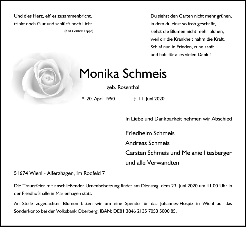  Traueranzeige für Monika Schmeis vom 20.06.2020 aus Kölner Stadt-Anzeiger / Kölnische Rundschau / Express