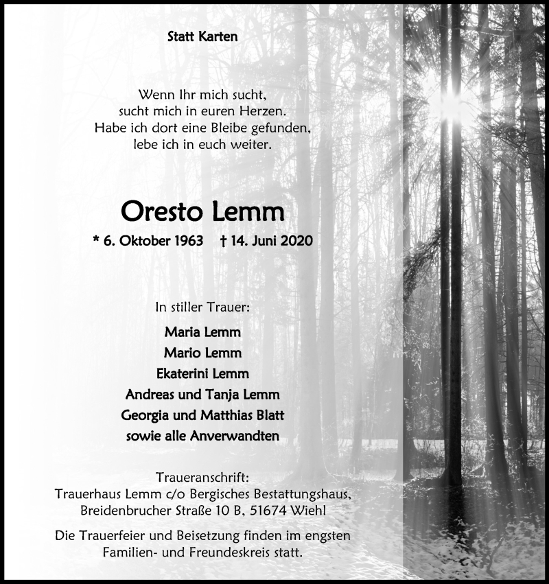  Traueranzeige für Oresto Lemm vom 27.06.2020 aus Kölner Stadt-Anzeiger / Kölnische Rundschau / Express