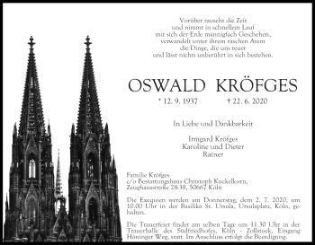 Anzeige von Oswald Kröfges von Kölner Stadt-Anzeiger / Kölnische Rundschau / Express