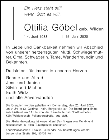 Anzeige von Ottilia Göbel von Kölner Stadt-Anzeiger / Kölnische Rundschau / Express