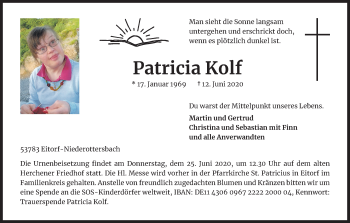 Anzeige von Patricia Kolf von Kölner Stadt-Anzeiger / Kölnische Rundschau / Express