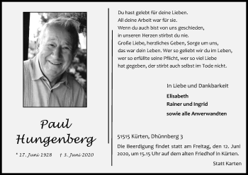 Anzeige von Paul Hungenberg von Kölner Stadt-Anzeiger / Kölnische Rundschau / Express