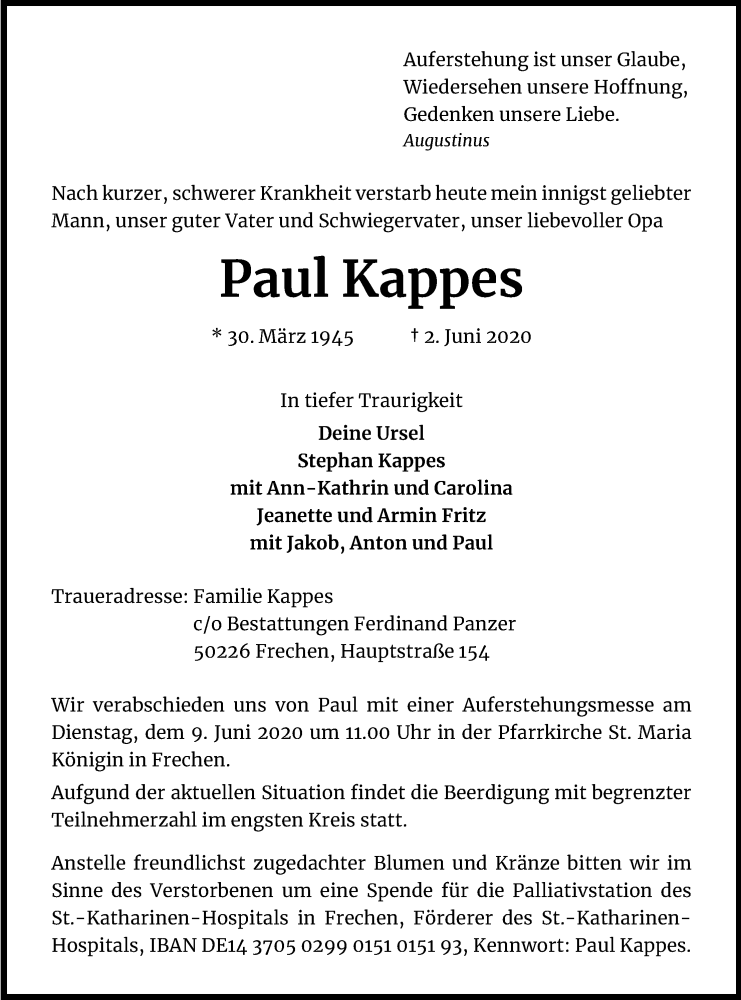  Traueranzeige für Paul Kappes vom 06.06.2020 aus Kölner Stadt-Anzeiger / Kölnische Rundschau / Express