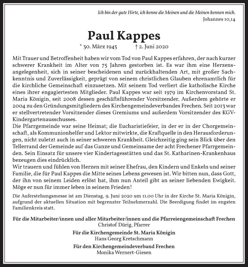  Traueranzeige für Paul Kappes vom 05.06.2020 aus  Wochenende 