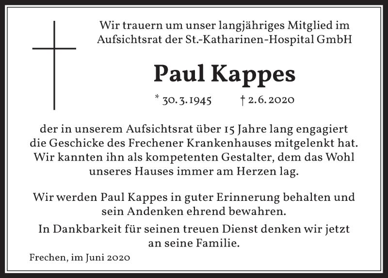  Traueranzeige für Paul Kappes vom 12.06.2020 aus  Wochenende 