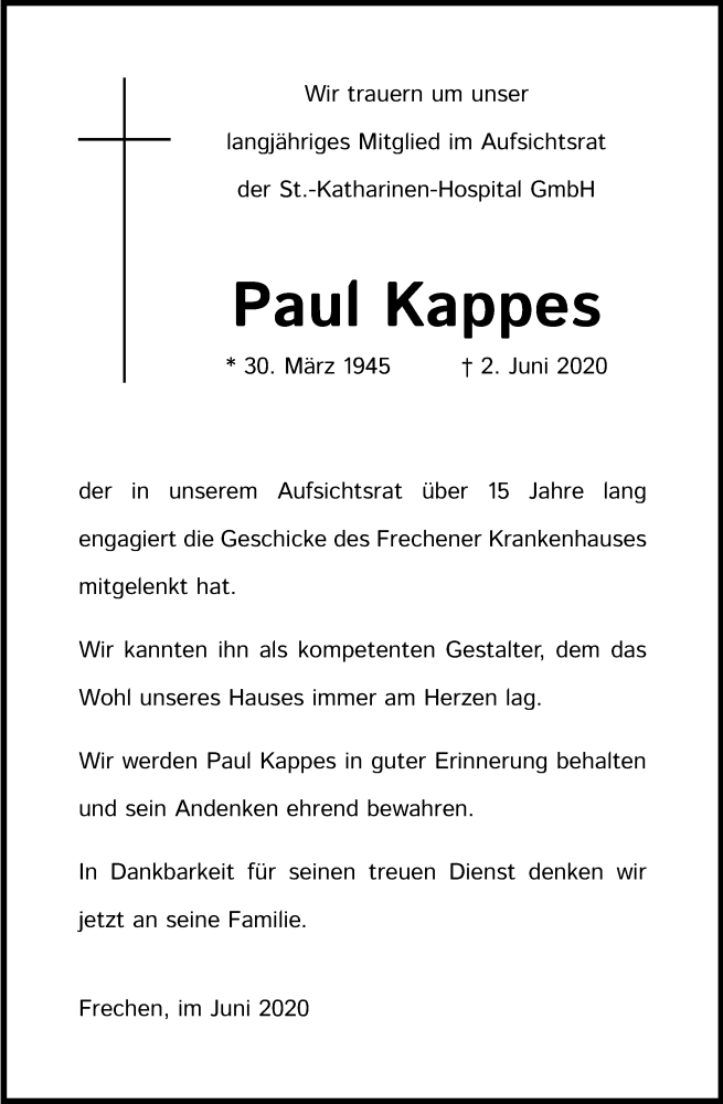  Traueranzeige für Paul Kappes vom 13.06.2020 aus Kölner Stadt-Anzeiger / Kölnische Rundschau / Express
