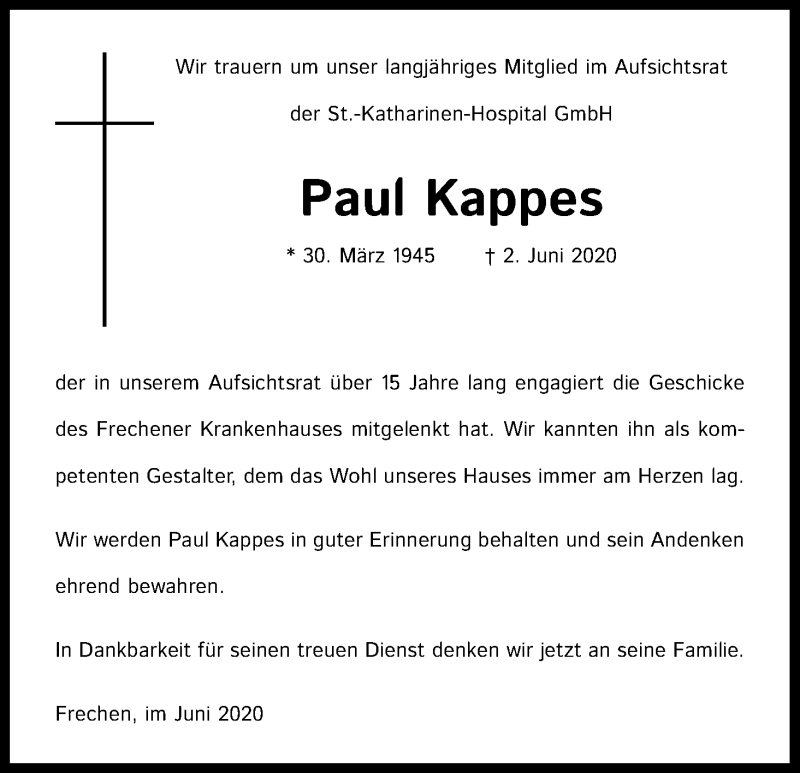  Traueranzeige für Paul Kappes vom 06.06.2020 aus Kölner Stadt-Anzeiger / Kölnische Rundschau / Express