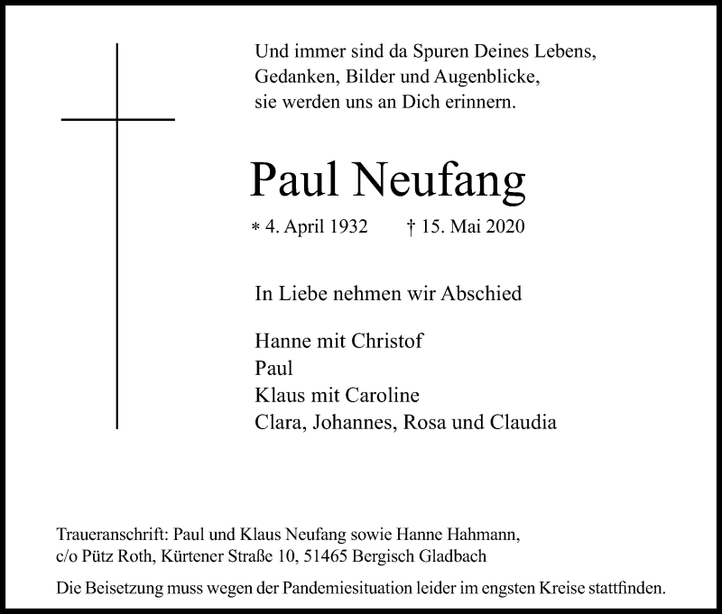  Traueranzeige für Paul Neufang vom 20.06.2020 aus Kölner Stadt-Anzeiger / Kölnische Rundschau / Express