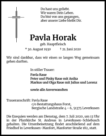 Anzeige von Pavla Horak von Kölner Stadt-Anzeiger / Kölnische Rundschau / Express