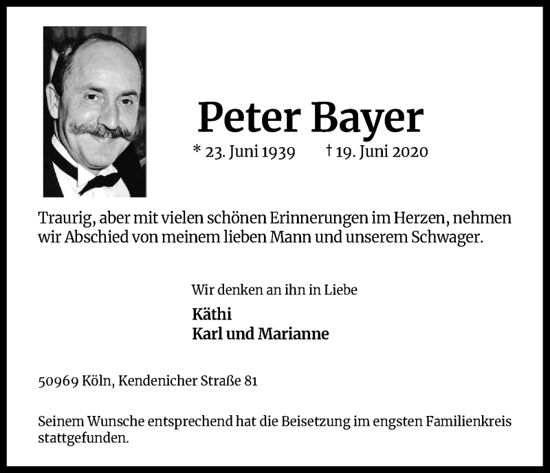  Traueranzeige für Peter Bayer vom 27.06.2020 aus Kölner Stadt-Anzeiger / Kölnische Rundschau / Express