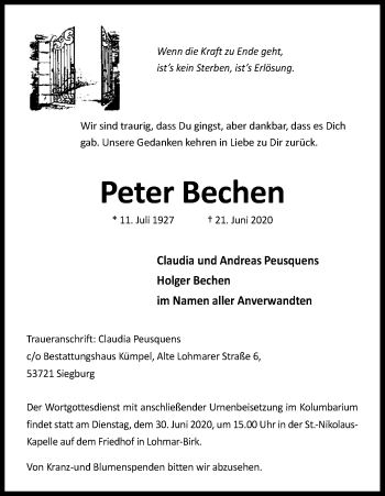 Anzeige von Peter Bechen von Kölner Stadt-Anzeiger / Kölnische Rundschau / Express