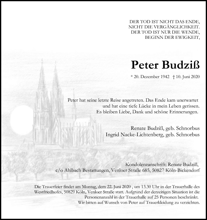  Traueranzeige für Peter Budziß vom 20.06.2020 aus Kölner Stadt-Anzeiger / Kölnische Rundschau / Express
