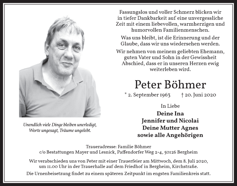  Traueranzeige für Peter Böhmer vom 26.06.2020 aus  Werbepost 