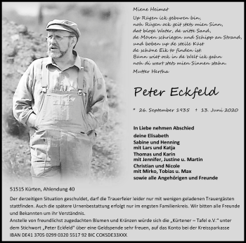 Anzeige von Peter Eckfeld von Kölner Stadt-Anzeiger / Kölnische Rundschau / Express