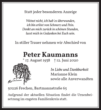 Anzeige von Peter Kaumanns von  Wochenende 