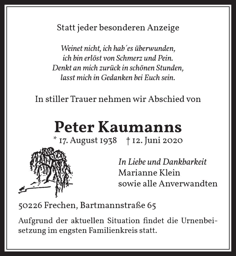 Traueranzeige für Peter Kaumanns vom 19.06.2020 aus  Wochenende 