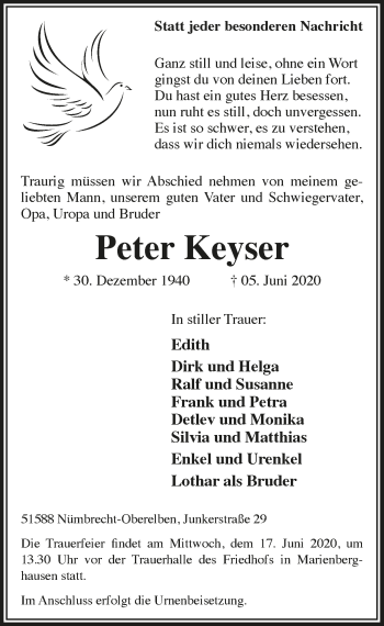 Anzeige von Peter Keyser von  Lokalanzeiger 
