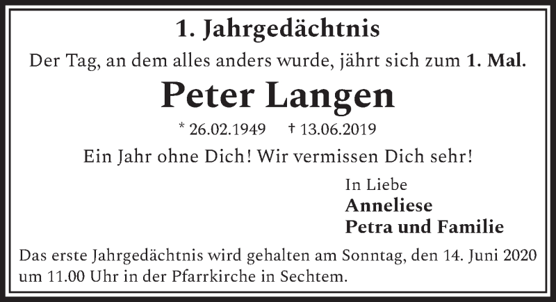  Traueranzeige für Peter Langen vom 05.06.2020 aus  Schlossbote/Werbekurier 