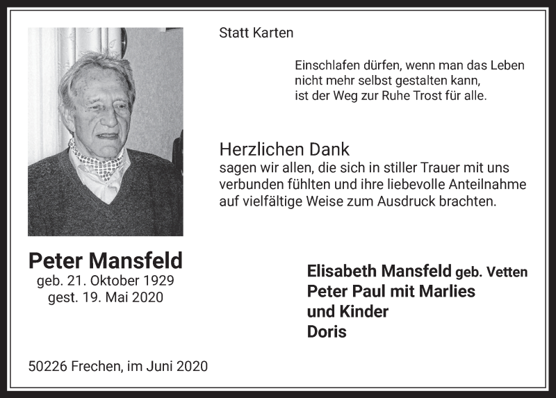  Traueranzeige für Peter Mansfeld vom 12.06.2020 aus  Wochenende 