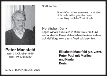 Anzeige von Peter Mansfeld von  Wochenende 