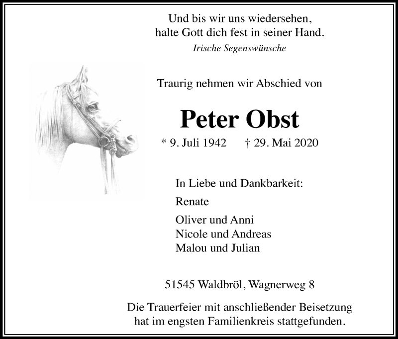  Traueranzeige für Peter Obst vom 06.06.2020 aus Kölner Stadt-Anzeiger / Kölnische Rundschau / Express