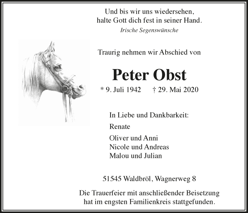  Traueranzeige für Peter Obst vom 05.06.2020 aus  Lokalanzeiger 