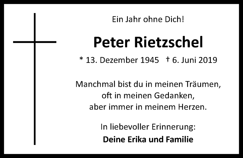  Traueranzeige für Peter Rietzschel vom 12.06.2020 aus  Kölner Wochenspiegel 