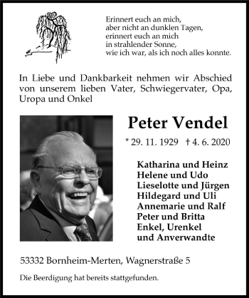 Anzeige von Peter Vendel von  Schaufenster/Blickpunkt  Schlossbote/Werbekurier 