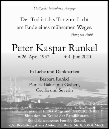 Anzeige von Peter Kaspar Runkel von Kölner Stadt-Anzeiger / Kölnische Rundschau / Express