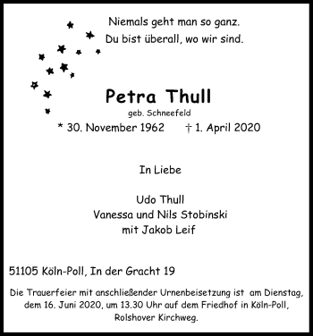 Anzeige von Petra Thull von Kölner Stadt-Anzeiger / Kölnische Rundschau / Express