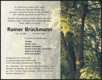 Anzeige von Rainer Brückmann von Kölner Stadt-Anzeiger / Kölnische Rundschau / Express