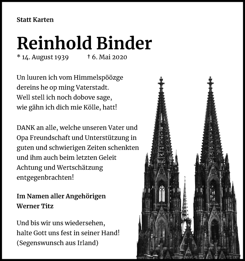  Traueranzeige für Reinhold Binder vom 20.06.2020 aus Kölner Stadt-Anzeiger / Kölnische Rundschau / Express