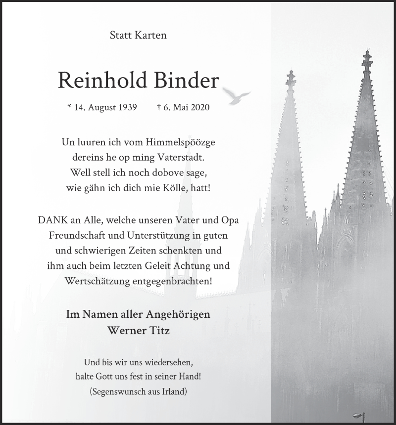  Traueranzeige für Reinhold Binder vom 19.06.2020 aus  Kölner Wochenspiegel 