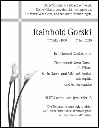 Anzeige von Reinhold Gorski von Kölner Stadt-Anzeiger / Kölnische Rundschau / Express