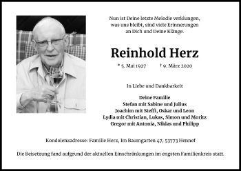 Anzeige von Reinhold Herz von Kölner Stadt-Anzeiger / Kölnische Rundschau / Express