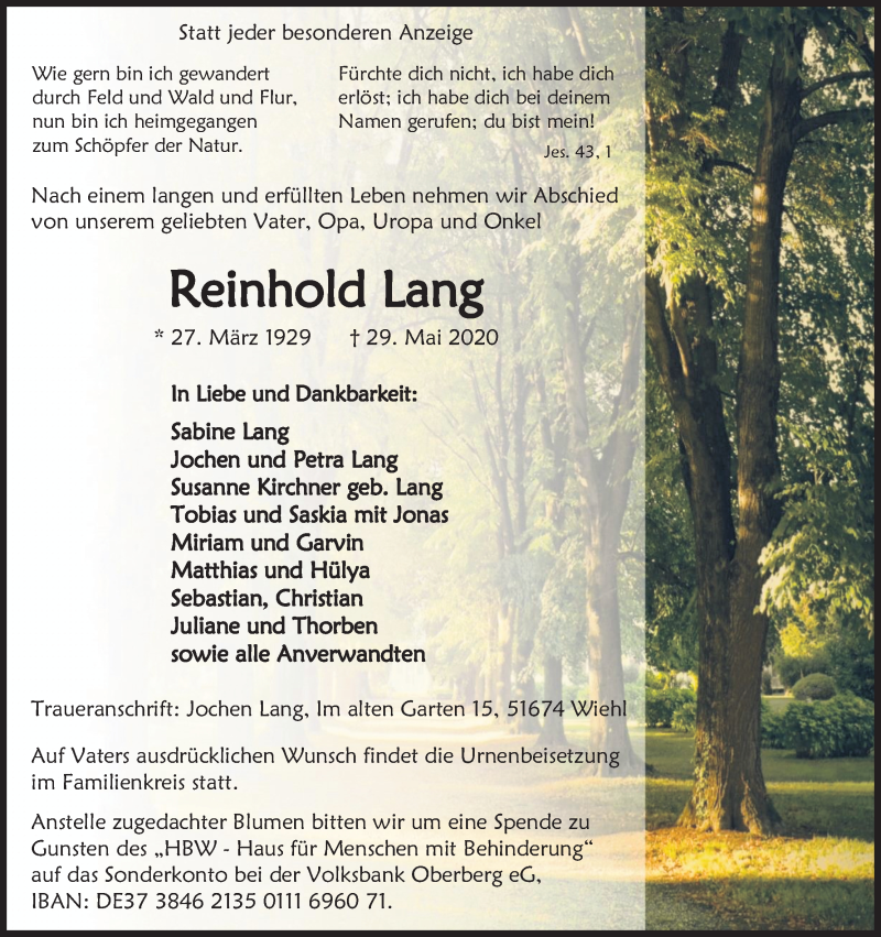  Traueranzeige für Reinhold Lang vom 03.06.2020 aus Kölner Stadt-Anzeiger / Kölnische Rundschau / Express