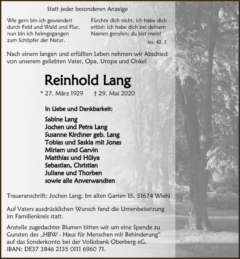 Traueranzeige für Reinhold Lang vom 05.06.2020 aus  Anzeigen Echo 